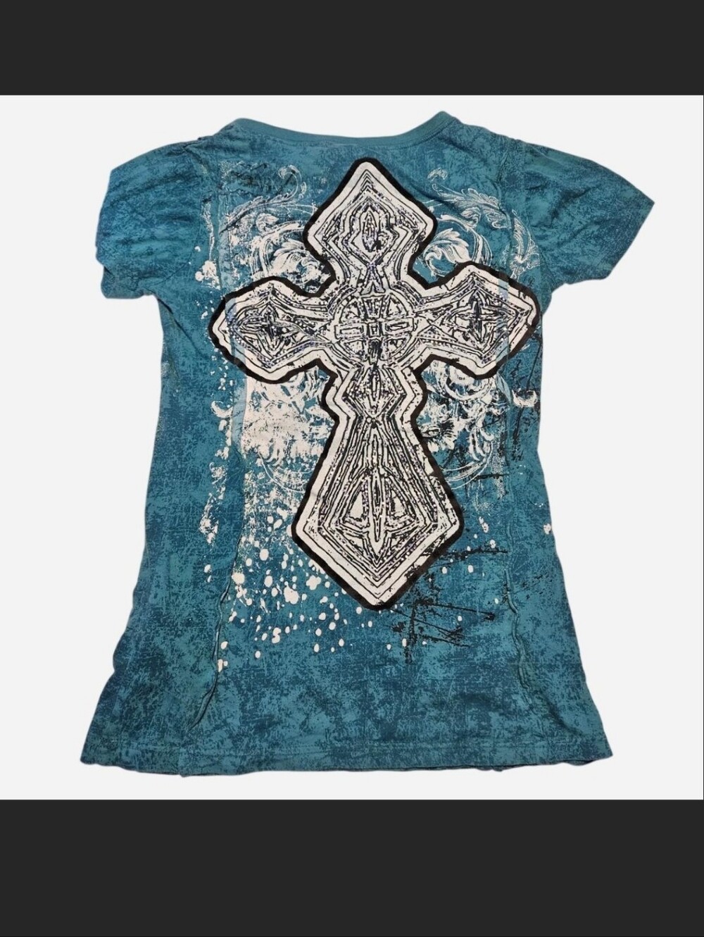 Grunge Y2k Blue Rhinestone Cross T Shirt V Neck